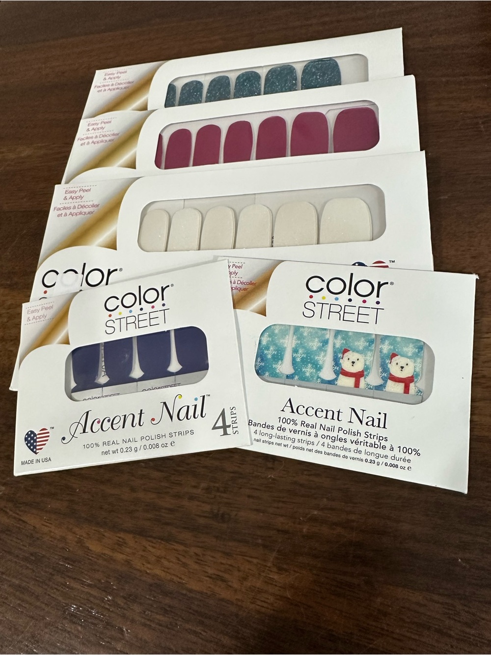 Set Of Four ColorStreet Nail Strips - Teal Glitter, Fuchsia, Cream, Navy&Santa
